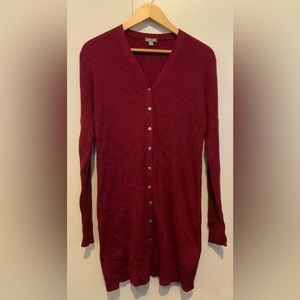 LouLou V-Neck Button Up Long Sleeve Rib Sweater/Dress in Burgundy/Maroon size M